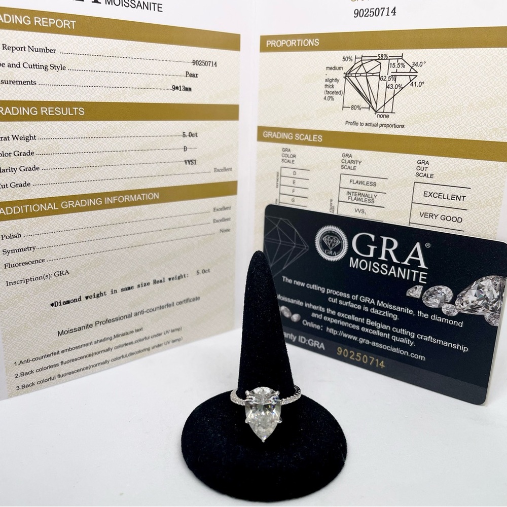 Moissanite Teardrop Ring 5 Ct Pear Cut Hidden Halo GRA Certified 18K - 925 - Picture 4 of 13